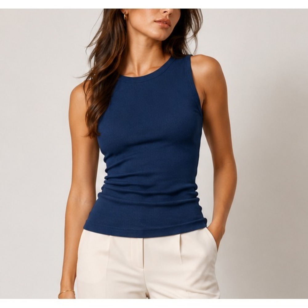NEW OGL Move Size S Ecosy Ribbed Scoop Neck Brami Sleeveless Bra Tank Navy Blue